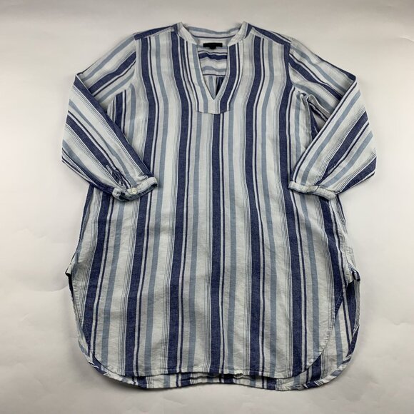 J.Crew Blue Striped Linen Blend Split Neck Tunic Shirt Dress S - Picture 1 of 8